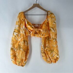 Luxxel Taffeta Floral Puff Balloon Sleeve Cutout Tie Front Sweetheart Crop Top L